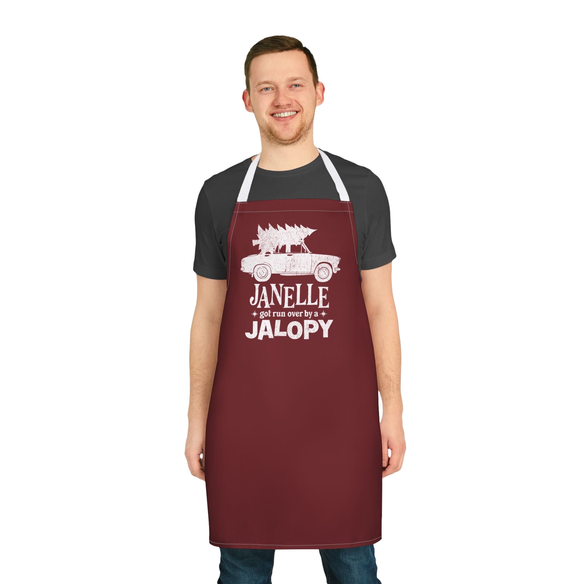 "Janelle Got Ran Over by a Jalopy" — Holiday Kitchen Apron
